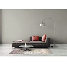 Salon moderne avec mur gris, canapé gris foncé, coussins rouges, lampadaire arc argenté et table basse ronde sur un tapis à motifs.