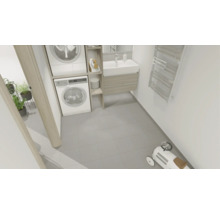 Buanderie moderne avec étagère pour lave-linge, lavabo sur meuble sous-vasque et radiateur sèche-serviettes.