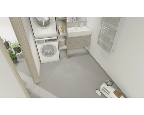 Buanderie moderne avec étagère pour lave-linge, lavabo sur meuble sous-vasque et radiateur sèche-serviettes.