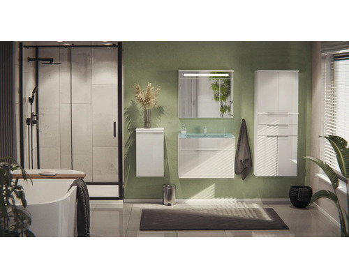 Salle de bain moderne avec meubles blancs brillants, lavabo en verre, armoire de toilette, douche à cadre noir et baignoire îlot.