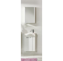 Ensemble de salle de bains moderne avec meuble sous-lavabo blanc, lavabo en céramique, robinet chromé et armoire de toilette éclairée.