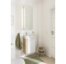 Ensemble de toilettes d'invités moderne avec meuble sous-lavabo aspect bois, lavabo en céramique et grand miroir éclairé dans une salle de bain.