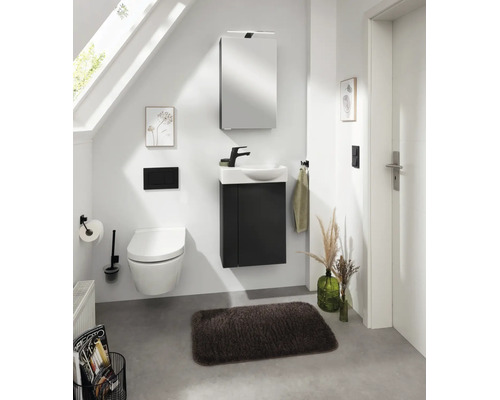 Salle de bains d'invités moderne avec meuble sous-vasque sombre, toilettes suspendues blanches, armoire de toilette et robinetterie noire.