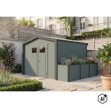 Abri de jardin moderne en bois avec jardinière intégrée dans un jardin bien entretenu devant une façade. (Image AI modified or generated)