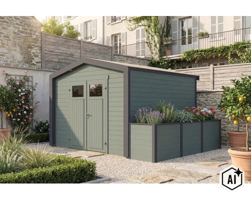 Abri de jardin moderne en bois avec jardinière intégrée dans un jardin bien entretenu devant une façade. (Image AI modified or generated)