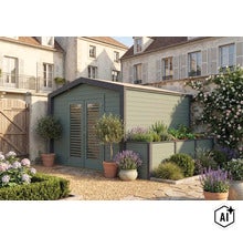 Abri de jardin moderne en bois avec jardinière intégrée dans un jardin aux plantations méditerranéennes et sol en gravier devant une maison. (Image AI modified or generated)