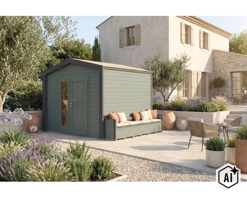 Abri de jardin moderne en bois avec banc intégré dans un jardin ensoleillé devant une maison au style méditerranéen. (Image AI modified or generated)