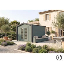 Abri de jardin moderne en bois avec banc intégré sur une terrasse devant une maison dans un cadre de jardin méditerranéen. (Image AI modified or generated)