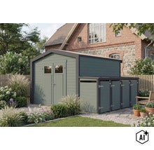 Abri de jardin avec appentis intégré pour poubelles en bois dans un jardin devant une maison en brique. (Image AI modified or generated)