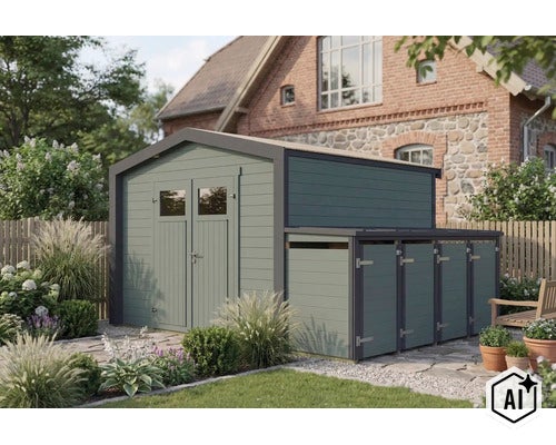 Abri de jardin avec appentis intégré pour poubelles en bois dans un jardin devant une maison en brique. (Image AI modified or generated)