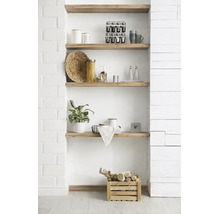 Niche murale avec quatre étagères en bois massif, décorée d'ustensiles de cuisine, d'une plante et d'une caisse en bois avec du bois de chauffage.