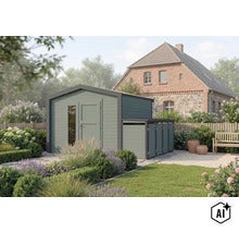 Abri de jardin avec annexe intégrée pour poubelles dans un jardin bien entretenu devant une maison. (Image AI modified or generated)