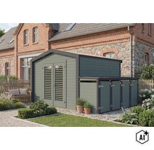 Abri de jardin avec extension intégrée et double porte devant une maison en brique avec mur en pierre naturelle dans un jardin soigné. (Image AI modified or generated)