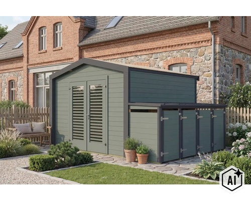 Abri de jardin avec extension intégrée et double porte devant une maison en brique avec mur en pierre naturelle dans un jardin soigné. (Image AI modified or generated)