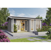 Abri de jardin moderne en bois gris avec toit à deux pans, fenêtres blanches et porte vitrée ouvrant sur un bureau à domicile.
