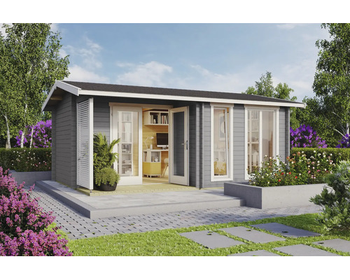 Abri de jardin moderne en bois gris avec toit à deux pans, fenêtres blanches et porte vitrée ouvrant sur un bureau à domicile.