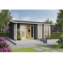 Abri de jardin moderne en bois anthracite avec fenêtres et portes blanches, aménagé en bureau de jardin lumineux sur une terrasse en pierre.