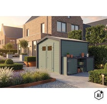 Abri de jardin en bois avec double porte, fenêtres et annexe latérale avec étagères dans un jardin soigné et moderne devant une maison. (Image AI modified or generated)