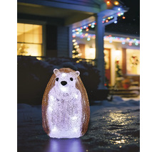 Hérisson debout en acrylique, éclairé en blanc froid, décoration hivernale dans un jardin enneigé devant une maison illuminée.