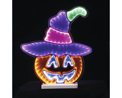Décoration LED Halloween citrouille avec chapeau de sorcière et effet miroir infini.