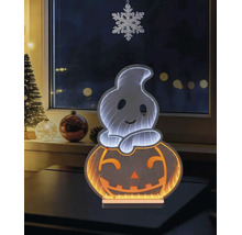 Décoration d'Halloween LED avec un fantôme sur une citrouille et effet de miroir infini, posée sur une table devant une fenêtre avec des décorations.