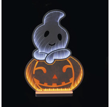 Décoration Halloween LED fantôme sur citrouille avec effet miroir infini et socle.