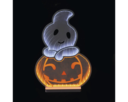 Décoration Halloween LED fantôme sur citrouille avec effet miroir infini et socle.