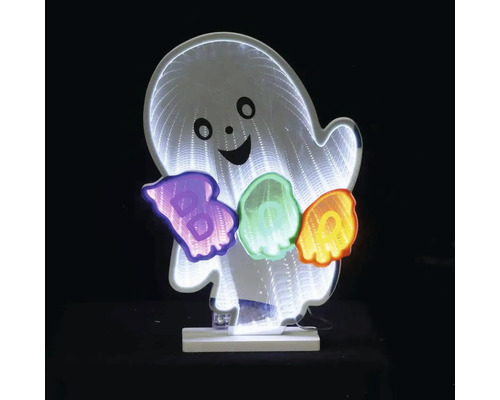 Décoration lumineuse pour Halloween fantôme souriant avec effet miroir infini et inscription Boo lumineuse sur un socle blanc.