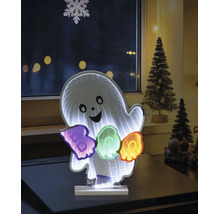 Décoration LED Halloween fantôme avec effet miroir infini et inscription BOO en couleurs, posée sur une table dans une pièce décorée.