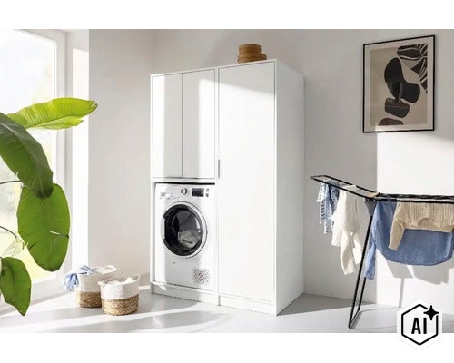 Armoire pour lave-linge blanche et armoire haute avec lave-linge intégré dans une buanderie lumineuse avec séchoir et paniers à linge. (Image AI modified or generated)