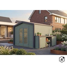 Abri de jardin moderne en bois avec portes doubles et appentis intégré pour le rangement des outils de jardin. (Image AI modified or generated)