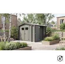 Abri de jardin moderne en bois avec double porte et extension latérale dans un jardin bien entretenu. (Image AI modified or generated)