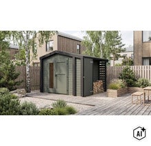 Abri de jardin moderne en bois avec abri à bois intégré dans un jardin, installé sur une terrasse à côté d une clôture en bois. (Image AI modified or generated)