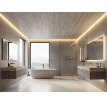 Salle de bains avec baignoire îlot, douche en verre et meubles suspendus. Éclairage LED indirect au plafond en bois et miroirs. Grands carreaux gris.