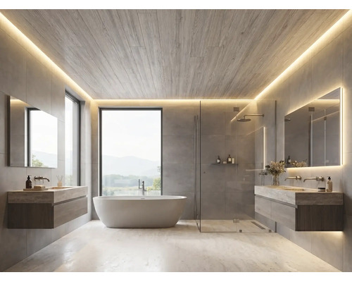 Salle de bains avec baignoire îlot, douche en verre et meubles suspendus. Éclairage LED indirect au plafond en bois et miroirs. Grands carreaux gris.