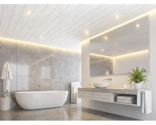 Salle de bains moderne et lumineuse avec baignoire en îlot, carrelage mural marbré, meuble sous-vasque avec vasque à poser et plafond en bois.