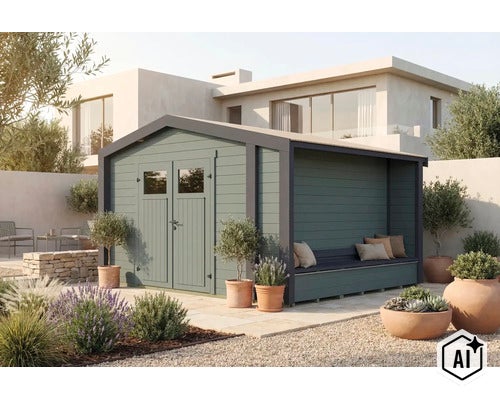 Abri de jardin moderne en bois avec double porte et auvent intégré incluant un banc dans un jardin bien entretenu au design méditerranéen. (Image AI modified or generated)