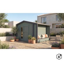 Abri de jardin moderne en bois avec banc intégré et terrasse couverte dans un jardin soigné avec des plantes méditerranéennes. (Image AI modified or generated)