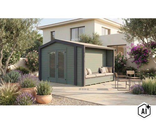 Abri de jardin avec coin salon intégré couvert et banc dans un jardin devant une maison. (Image AI modified or generated)