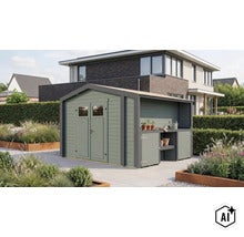 Abri de jardin en bois avec appentis intégré et double porte, installé dans un jardin moderne devant une maison. (Image AI modified or generated)