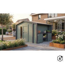 Abri de jardin en bois avec toit intégré et compartiments de rangement, idéal comme abri de stockage pour le jardin et la terrasse. (Image AI modified or generated)