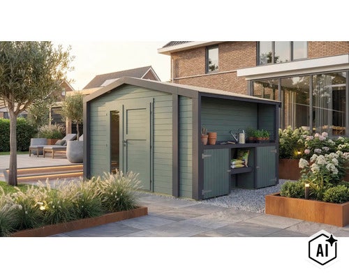 Abri de jardin en bois avec toit intégré et compartiments de rangement, idéal comme abri de stockage pour le jardin et la terrasse. (Image AI modified or generated)