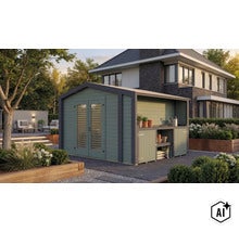 Abri de jardin en bois avec auvent intégré et porte double dans un jardin moderne devant une maison. (Image AI modified or generated)