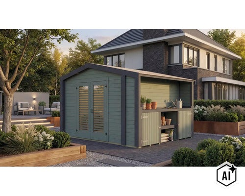 Abri de jardin en bois avec auvent intégré et porte double dans un jardin moderne devant une maison. (Image AI modified or generated)