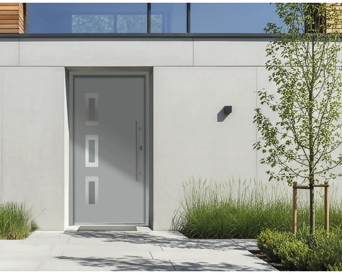 Moderne graue Haustür mit drei rechteckigen Lichtausschnitten und Edelstahlstangengriff in einer hellen Hausfassade mit Pflanzen.