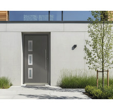Porte d'entrée moderne anthracite avec trois vitrages et une longue poignée en inox, installée dans une façade claire avec des plantes.