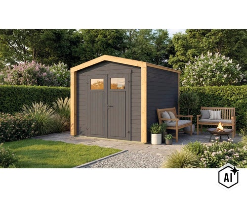 Abri de jardin moderne en bois avec doubles portes et fenêtres dans un jardin bien entretenu avec coin salon et brasero. (Image AI modified or generated)