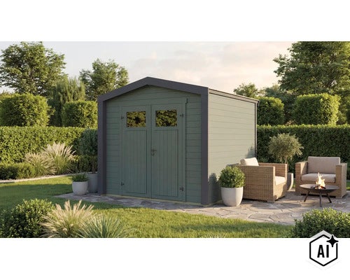 Abri de jardin en bois avec porte double et fenêtres dans un jardin avec coin salon et brasero. (Image AI modified or generated)