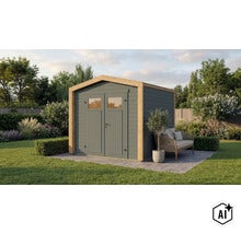 Abri de jardin moderne en bois avec double porte et fenêtres sur une terrasse pavée dans un jardin avec un banc. (Image AI modified or generated)