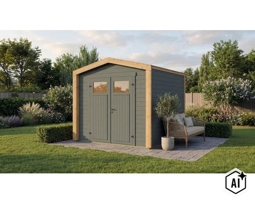 Abri de jardin moderne en bois avec double porte et fenêtres sur une terrasse pavée dans un jardin avec un banc. (Image AI modified or generated)